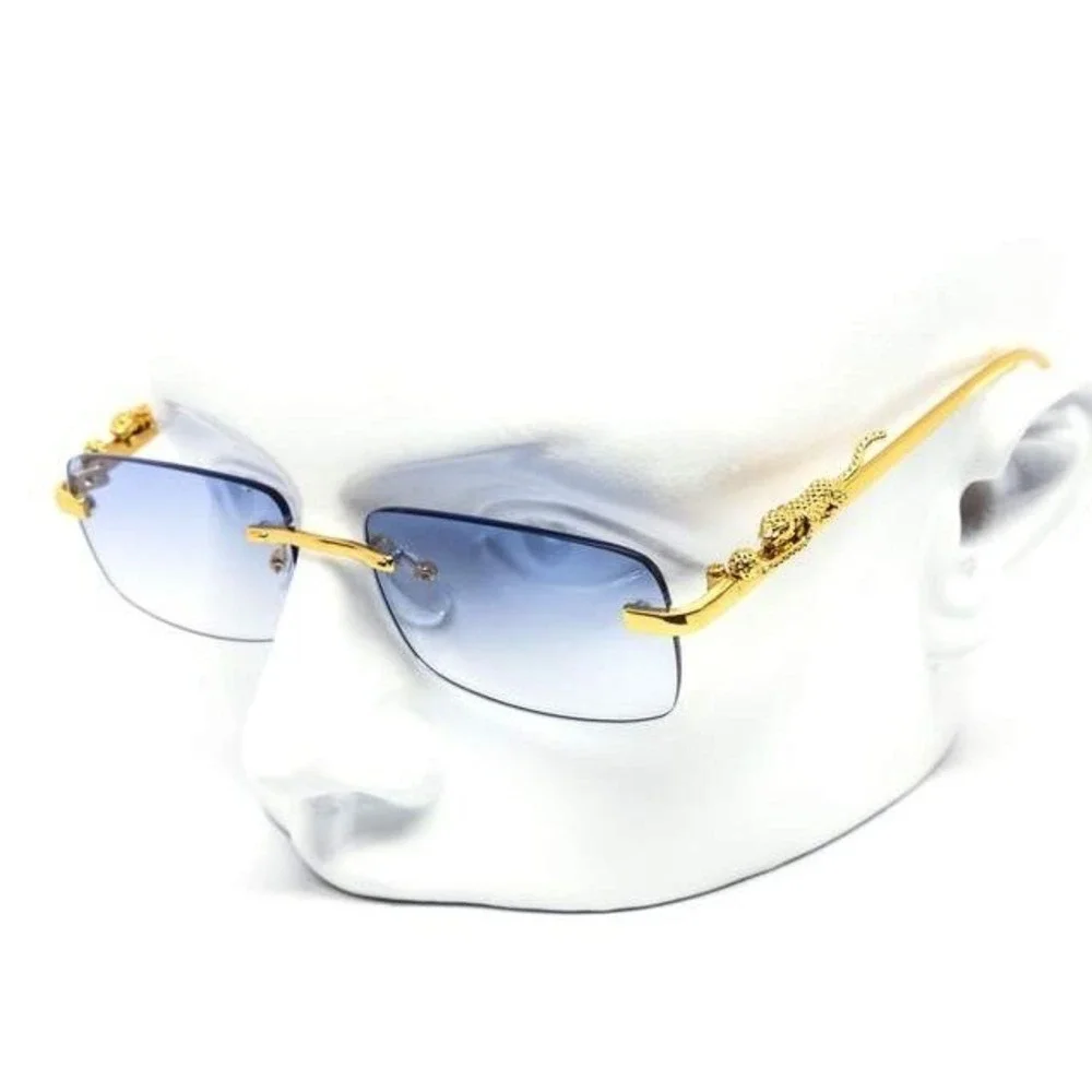 Rimless Sunglasses Gold Leopard Accents Blue Lens Fashion Shades Style Men Gafas